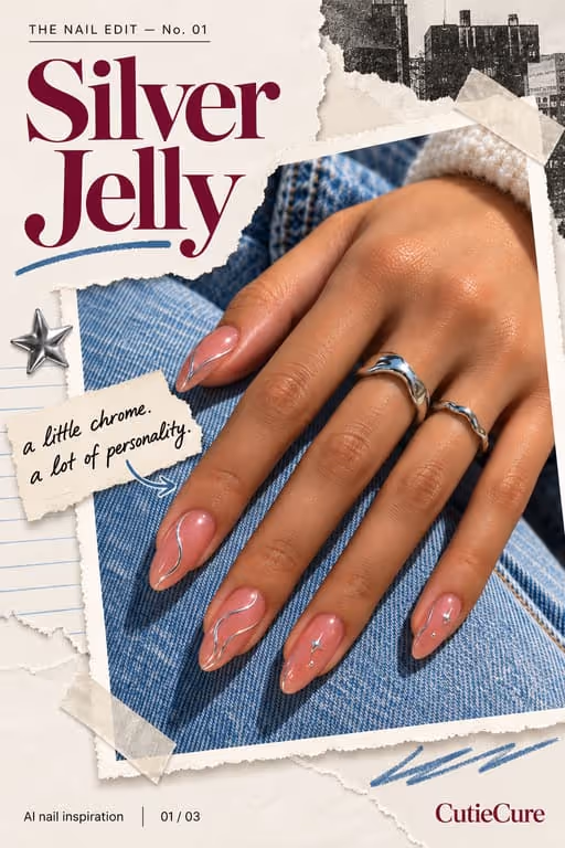 CutieCure example slideshow (AI nail inspiration), slide 1 of 3: Cover: “Silver Jelly” over a photo of pink jelly nails with silver chrome swirls