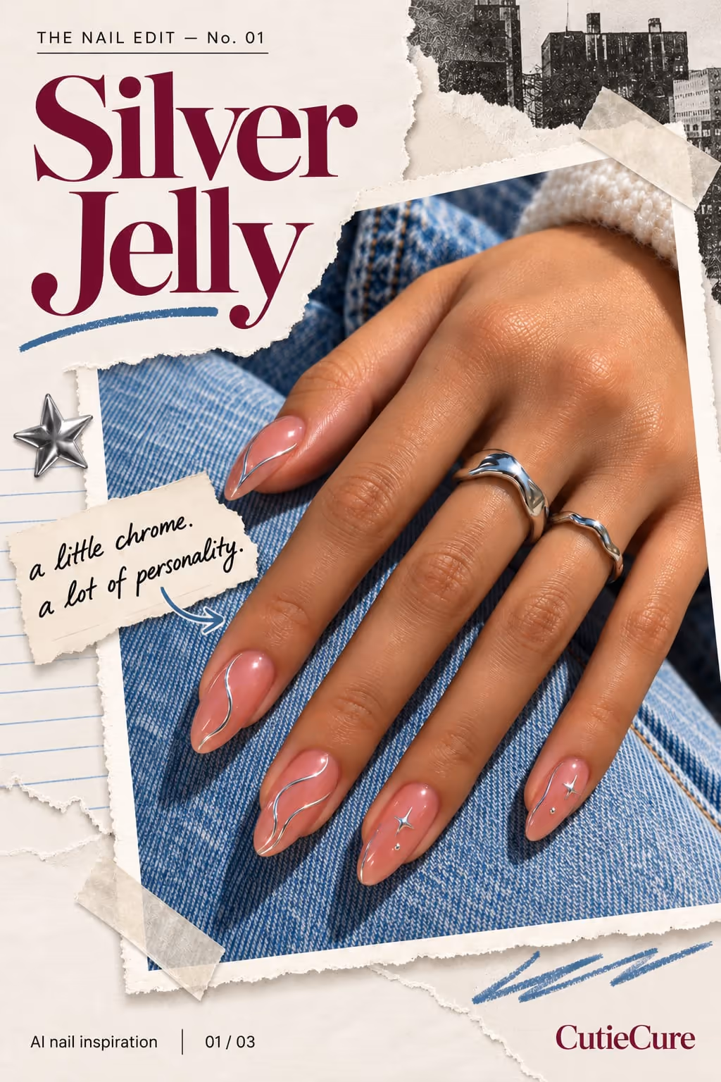 CutieCure example slideshow (AI nail inspiration), slide 1 of 3: Cover: “Silver Jelly” over a photo of pink jelly nails with silver chrome swirls