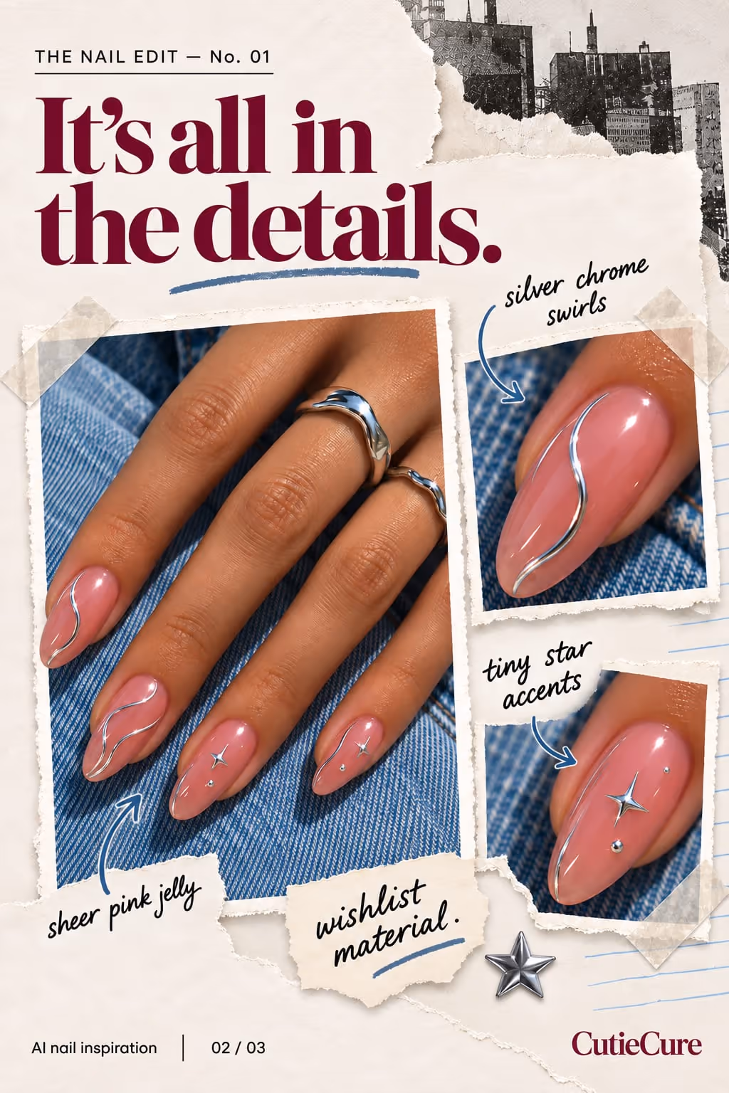 CutieCure example slideshow (AI nail inspiration), slide 2 of 3: “It's all in the details.” with close-ups of the nail art
