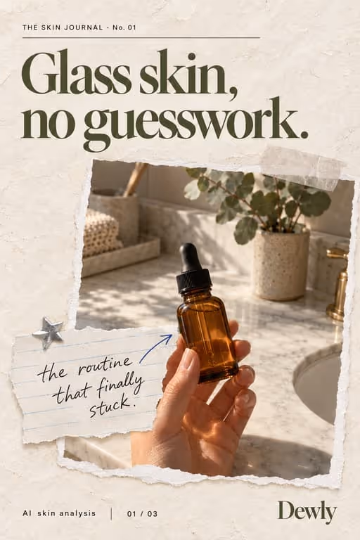 Dewly example slideshow (AI skin analysis), slide 1 of 3: Cover: “Glass skin, no guesswork.” with a hand holding a serum dropper