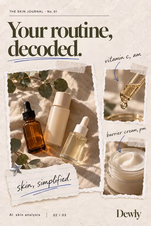 Dewly example slideshow (AI skin analysis), slide 2 of 3: “Your routine, decoded.” with skincare bottles