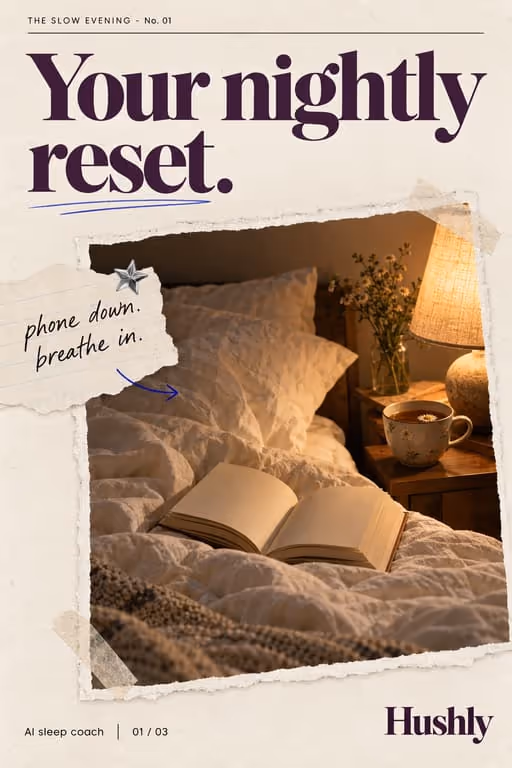 Hushly example slideshow (AI sleep coach), slide 1 of 3: Cover: “Your nightly reset.” over a bed with an open book