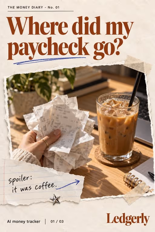 Ledgerly example slideshow (AI money tracker), slide 1 of 3: Cover: “Where did my paycheck go?” with a crumpled receipt and an iced coffee