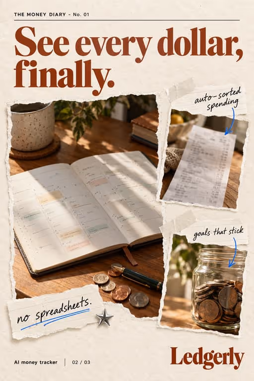 Ledgerly example slideshow (AI money tracker), slide 2 of 3: “See every dollar, finally.” with a notebook and receipts