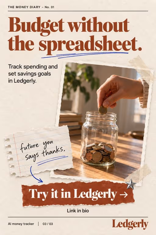 Ledgerly example slideshow (AI money tracker), slide 3 of 3: “Budget without the spreadsheet.” ending on a Try it in Ledgerly button