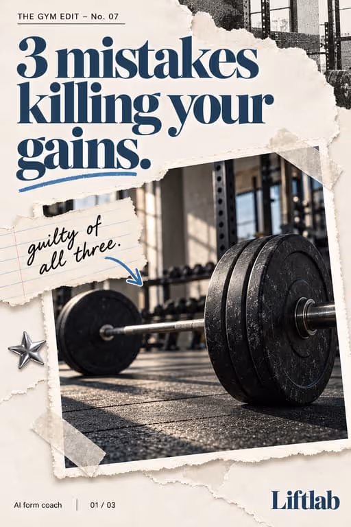 Liftlab example slideshow (AI form coach), slide 1 of 3: Cover: “3 mistakes killing your gains.” over a loaded barbell in a gym