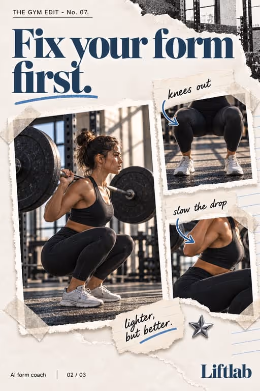 Liftlab example slideshow (AI form coach), slide 2 of 3: “Fix your form first.” with photos of squats and lifts