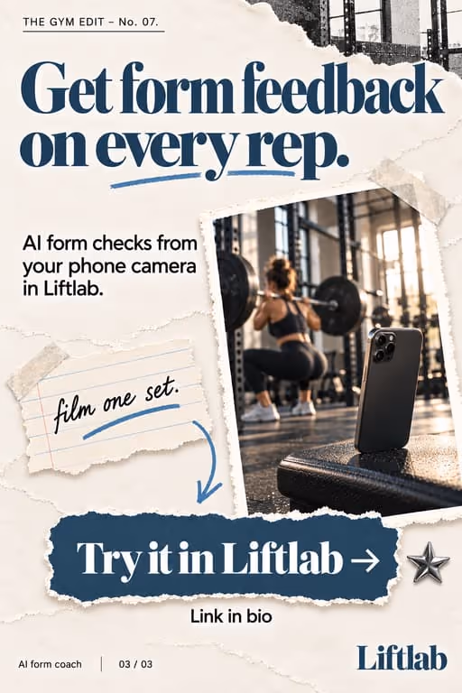 Liftlab example slideshow (AI form coach), slide 3 of 3: “Get form feedback on every rep.” ending on a Try it in Liftlab button