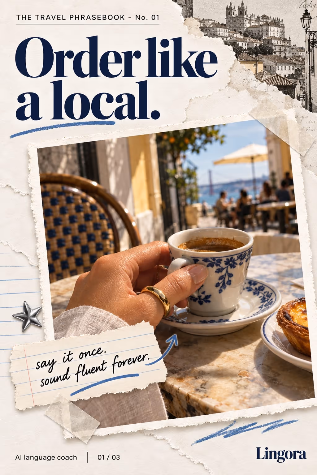 Lingora cover slide with a serif headline, a cafe photo, a handwritten note and the brand wordmark