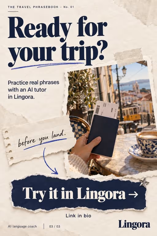 Lingora example slideshow (AI language coach), slide 3 of 3: “Ready for your trip?” ending on a Try it in Lingora button