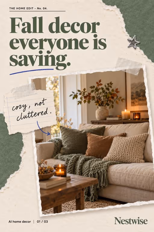 Nestwise example slideshow (AI home decor), slide 1 of 3: Cover: “Fall decor everyone is saving.” over a cozy living room