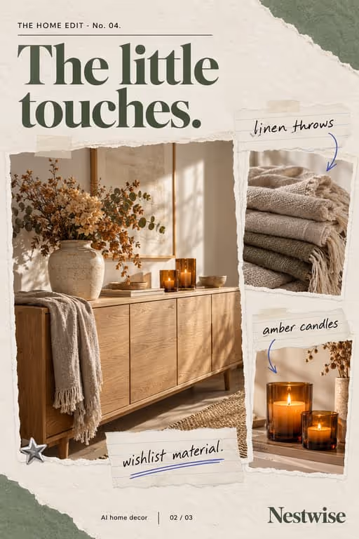 Nestwise example slideshow (AI home decor), slide 2 of 3: “The little touches.” with close-ups of the decor