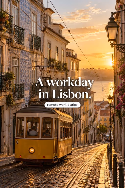 Nomadly example slideshow (AI remote work guide), slide 1 of 3: Cover: “A workday in Lisbon.” over a yellow tram on a steep street