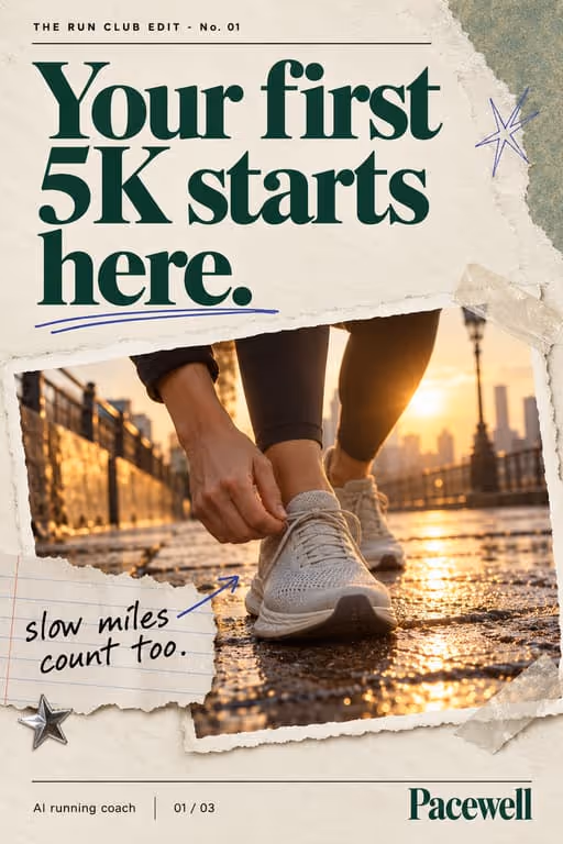Pacewell example slideshow (AI running coach), slide 1 of 3: Cover: “Your first 5K starts here.” over a runner tying their shoes