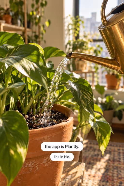 Plantly example slideshow (AI plant care), slide 3 of 3: A watering can over a potted plant