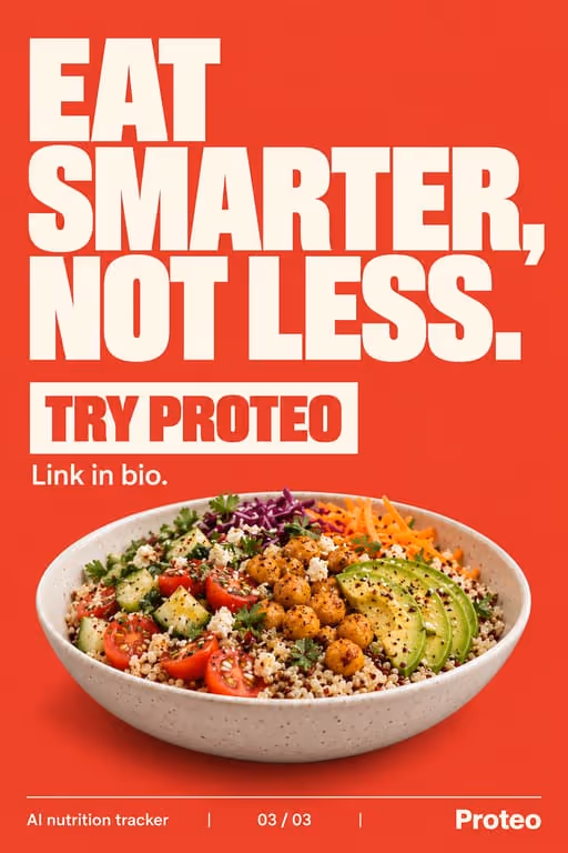 Proteo example slideshow (AI nutrition tracker), slide 3 of 3: “Eat smarter, not less.” with a Try Proteo button
