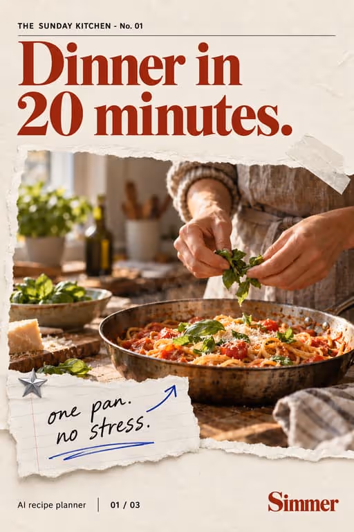 Simmer example slideshow (AI recipe planner), slide 1 of 3: Cover: “Dinner in 20 minutes.” over a pan of pasta on the stove