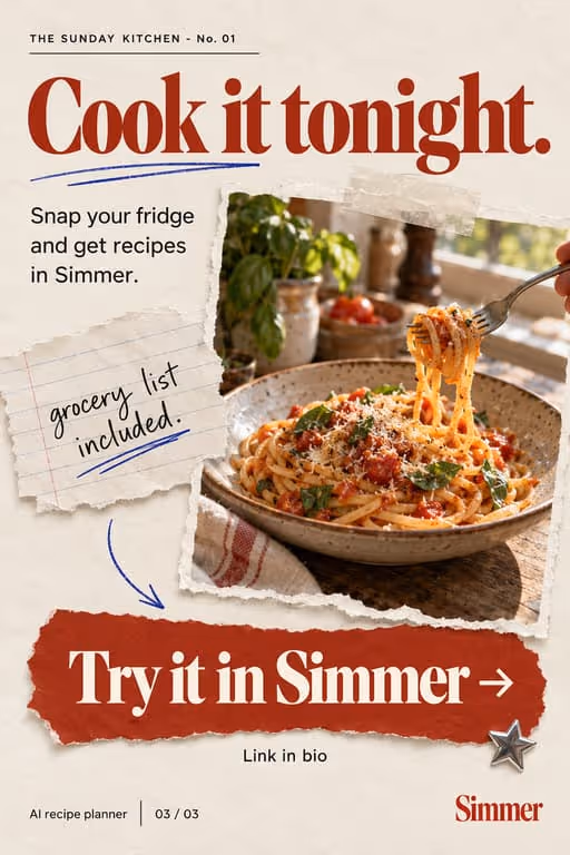 Simmer example slideshow (AI recipe planner), slide 3 of 3: “Cook it tonight.” ending on a Try it in Simmer button