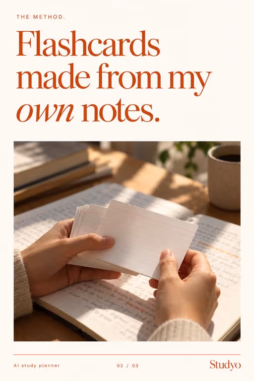 Studyo example slideshow (AI study planner), slide 2 of 3: “Flashcards made from my own notes.” with hands holding flashcards