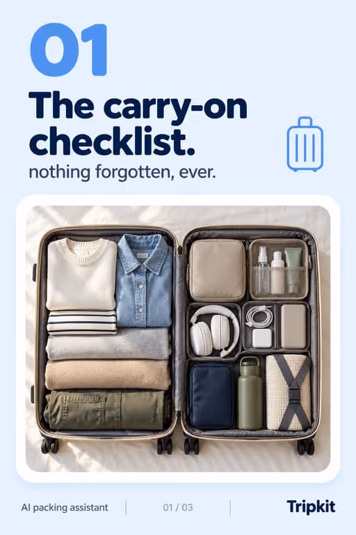 Tripkit example slideshow (AI packing assistant), slide 1 of 3: Cover: “01 The carry-on checklist.” over a neatly packed suitcase