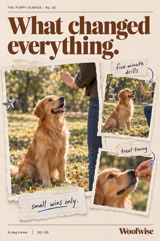 Woofwise example slideshow (AI dog trainer), slide 2 of 3: “What changed everything.” with dog training snapshots